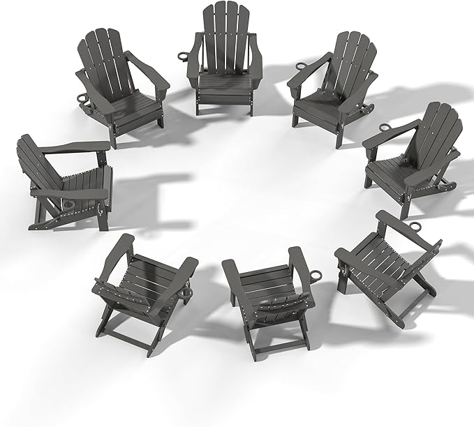Domi Folding Adirondack Chairs Set of 8, HDPE All-Weather Outdoor Chairs with Cup Holder, Wooden Textured Fire Pit Chairs for Backyard, Patio, Poolside & Deck,Grey