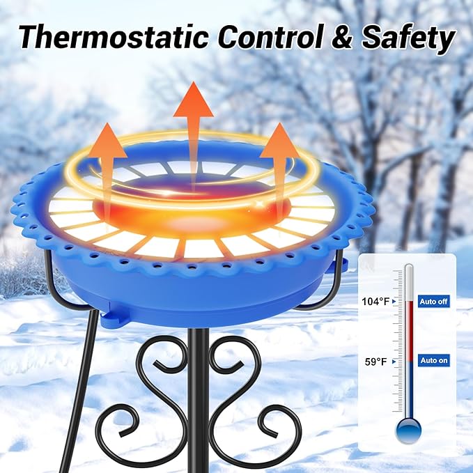 Heated Bird Baths for Outdoors,Upgraded 100W Thermostat Control Heated BirdBaths for Winter with Metal 5 Prong Base Heated Bird Bath for Outside Winter Garden Yard Patio Lawn (Blue)