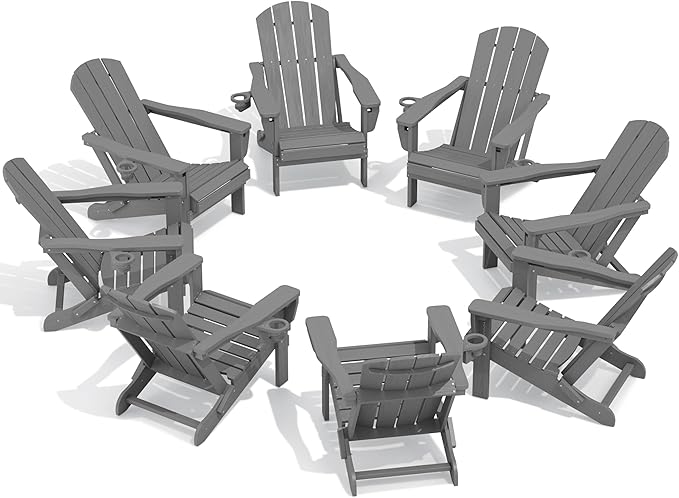 SERWALL Folding Adirondack Chair Set of 8, Adjustable Adirondack Chair with 3 Recline Positions, All Weather HDPE Outdoor Adirondack with Cup Holders, Gray