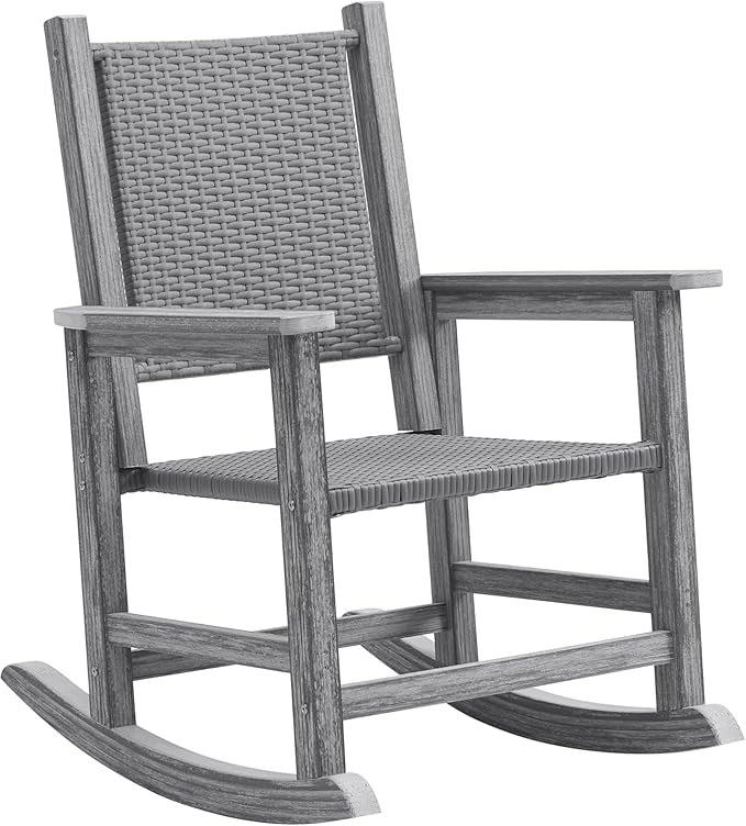 Rocking Chair Outdoor, Wicker Rocking Chair for Outside, Woven Seat & Back, All Weather Ratten Outdoor for Porch, Garden, Lawn, and Balcony (Grey)