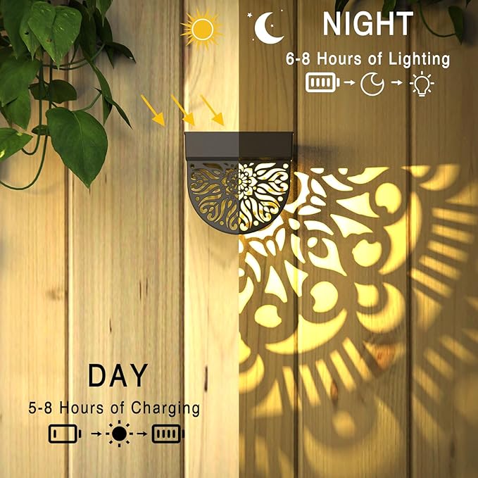 6 Pack Solar Fence Lights Outdoor Wall Lights Plastic Solar Powered Deck Step Stair Lights Moon Theme Waterproof Fence Solar Light for Garden Post Patio Backyard Yard Decor (Black, 6 Pack)