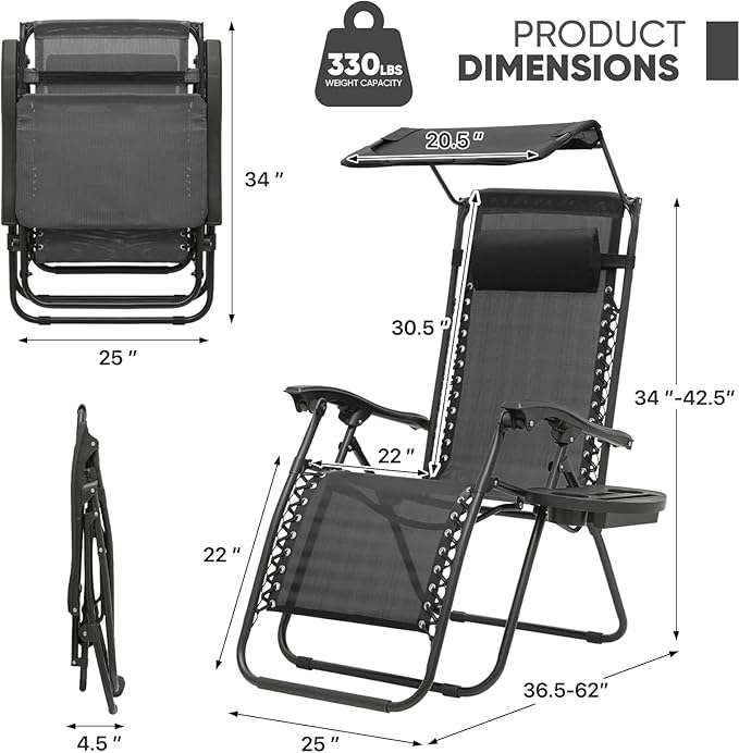 Magshion Zero Gravity Lounge Chair with Canopy, Outdoor Foldable Patio Reclining Chair with Side Tray, Adjustable Anti-Gravity Recliner with Pillow Headrest, Lounger for Lawn Camping Beach (Black)