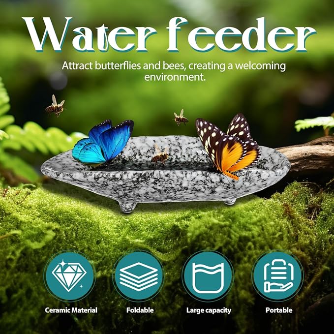 Butterfly Puddler Garden Stone, 8.25inch Outdoor Butterfly Feeder Bee Watering Station Ceramic Bird Bath Water Food Holder for Feeding for Yard Lawn Decoration