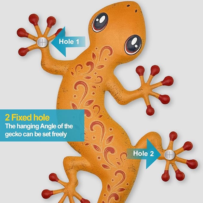 4 Pcs Metal Gecko Outdoor Decorations - Metal Wall Art Hanging Sculpture Decoration for Garden Yard Fence Porch Wall Decor, Gift for Mom Friends