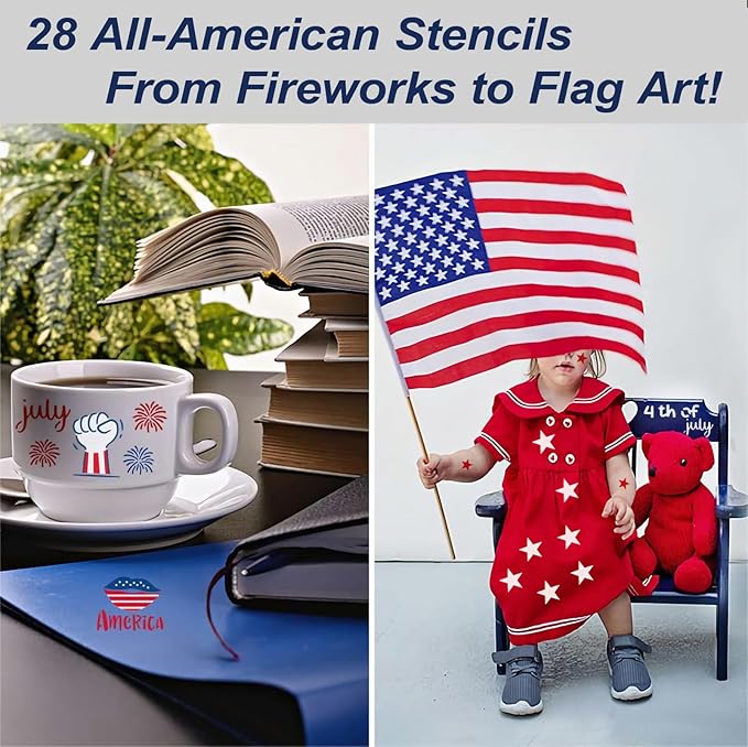 Patriotic Stencils for Painting, 28PCS Independence Day Templates Multi-Size Set (8x8, 6x6, 3x3) Clear PET Plastic with American Flag Patterns for Home Decor, Party Decorations and DIY Crafts