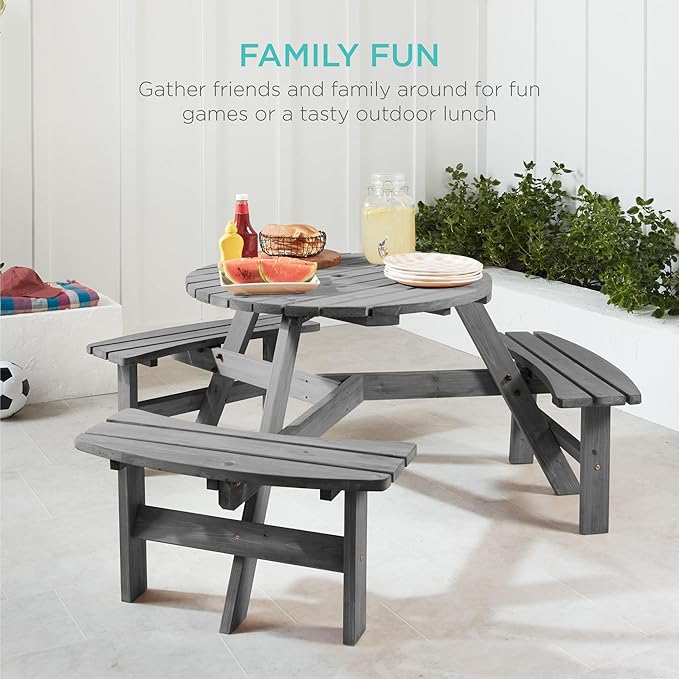 Best Choice Products 6-Person Circular Outdoor Wooden Picnic Table for Patio, Backyard, Garden, DIY w/ 3 Built-in Benches, 500lb Capacity - Gray