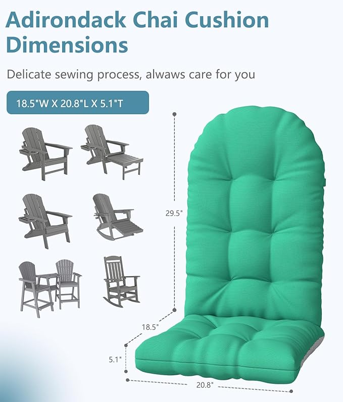 Adirondack Chair Cushion Set of 4, Thickened Patio Chair Cushions with Ties, Waterproof and UV-Protected Rocking Chair Cushion for Indoor and Outdoor, Green.