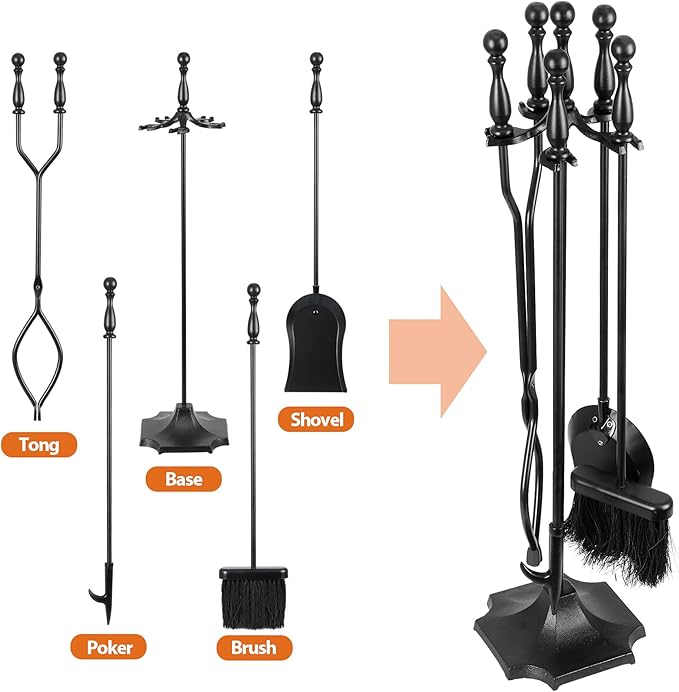 JupiterForce 5 Pieces Fireplace Tools Set Indoor Outdoor 31" Wrought Iron Large Fire Place Set Tools, Fire Pit Tools with Poker Shovel Tongs Brush and Stand, Black