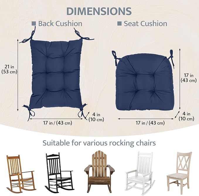 mudilun Rocking Chair Cushion Non-Slip Tufted Indoor/Outdoor Rocking Chair Cushions 80% Water Proof with Straps for Living Room Baby Room Garden High Back Rocking Chair Pads (Blue)