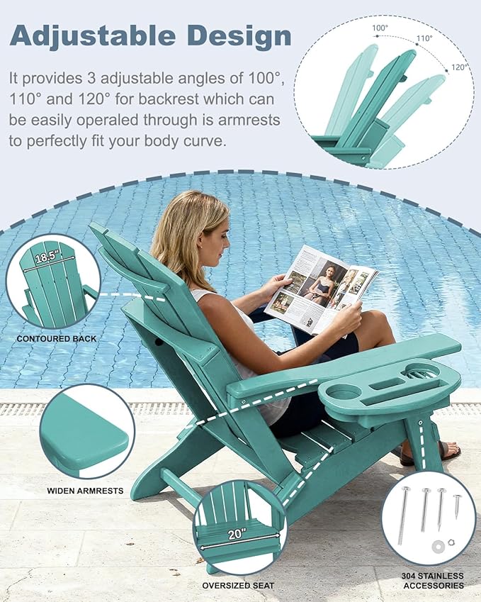 Adjustable Adirondack Chair Set of 4 with Cup Holder, All Weather HDPE Fire Pit Chairs for Deck, Backyard, Patio, Lake Blue