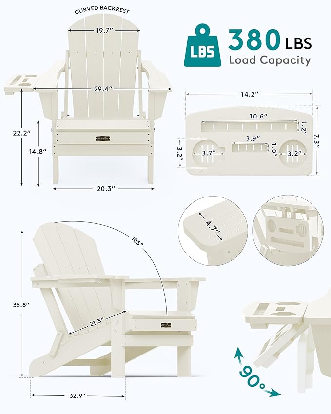 SERWALL Folding Adirondack Chair Set of 4, Outdoor Adirondack Chairs with 4 in 1 Cup Holder, Wood Texture Patio Chairs, Weather Resistant Fire Pit Chairs for Patio Deck Garden, Backyard Deck - White
