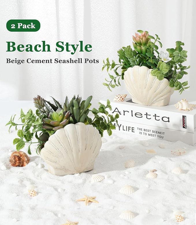 Lewondr Fake Plants Set of 2, Assorted Faux Succulents Artificial Plants with Sea Shell Pots, Artificial Greenery in Coastal Beach Decor, Ocean Seashell Series for Home Bedroom Beach Theme Party