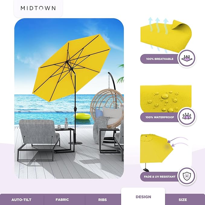 Midtown Umbrellas - 10-Year-No-Fade 6 Ft Patio Umbrella with Terylast Fabric, Auto-Tilt Aluminum Frame and 8 Reinforced Ribs for Deck, Pool, Garden & Beach - Sunflower Yellow Canopy, Black Pole