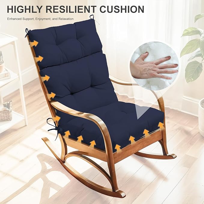 Outdoor High Back Chair Cushions 2-Pack, 44"x22"x 4" Fade-Resistant Waterproof Tufted Pads with Ties for Patio Rocking & Adirondack Chairs (Navy Blue)