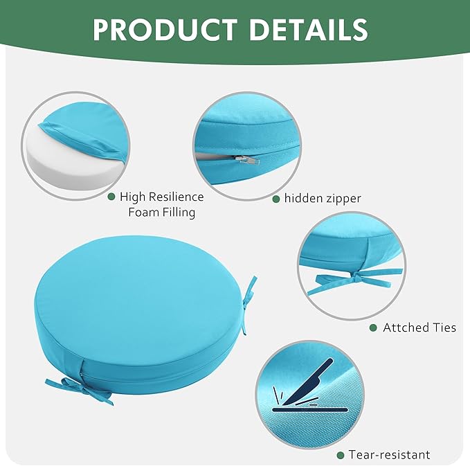 Outdoor Bistro Chair Cushions Set of 2, 15" D x 3" H Round Chair Cushions Waterproof and Fade Resistant Chair Cushion Pads with Non-Slip Ties and Removable Covers for Garden, Teal