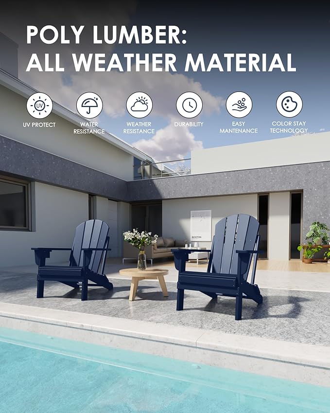 Folding Adirondack Chairs Set of 2, All-Weather Resistant HDPE Patio Firepit Chairs, Sturdy Outside Chairs with Cup Holder, Lawn Chairs, 80% Pre-Installed Load Capacity 385lb, Navy Blue