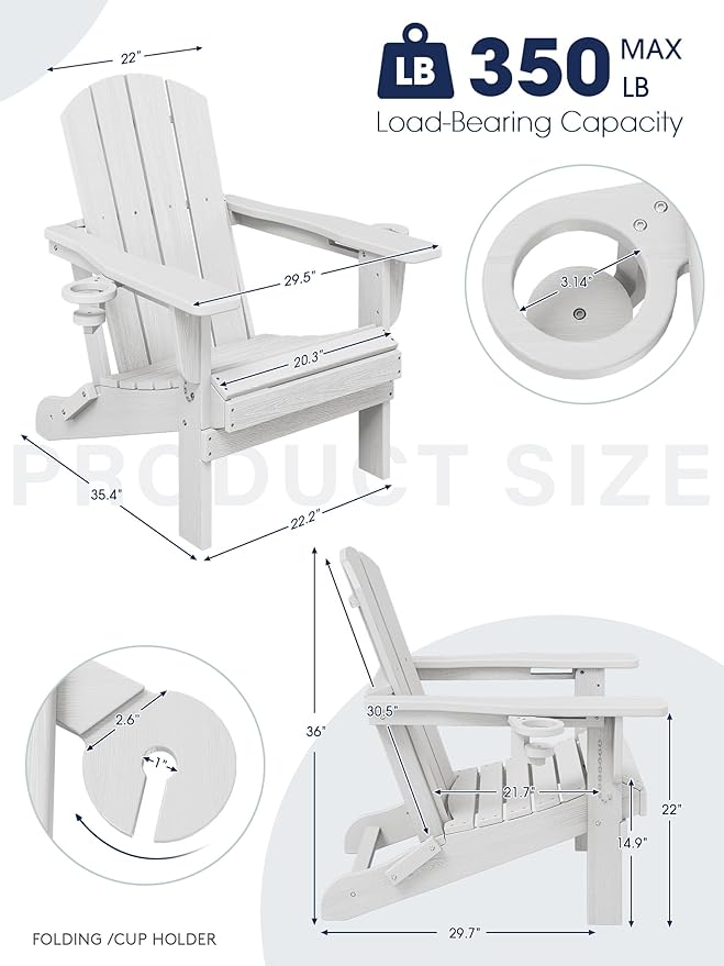 KINGYES Folding Adirondack Chair Set of 2, Dual Cup Holders & All-Weather HDPE, Wood-Like Patio Chair for Backyard, Camping, Pool & Fire Pit, White