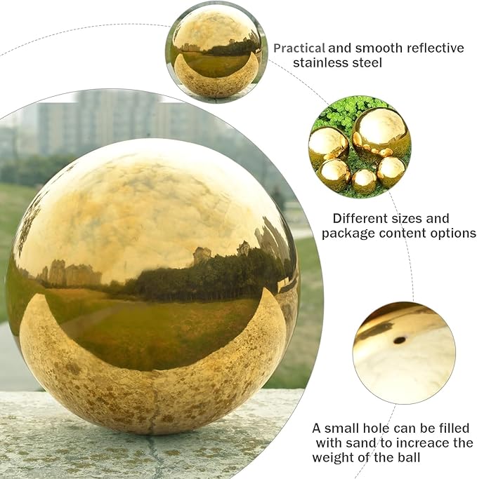 Nerien 8 Inch Gazing Ball, Stainless Steel Garden Mirror Globe, Polished Ornament Sphere, Hollow Floating Reflective Hemisphere, for Home Outdoor Pond Housewarming Swimming Pool Decoration, Gold
