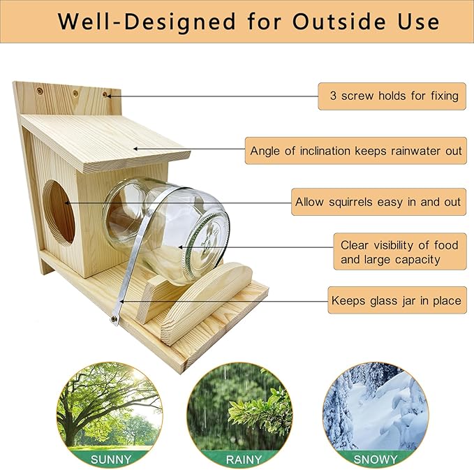 Squirrel Feeder,Wood Squirrel Feeders for Outside,Durable Log Squirrel House with Removable Glass Jar,Chipmunk Feeder Weather-Proof Squirrel Feeders for Outdoors with Corn,Peanut Seed Holder