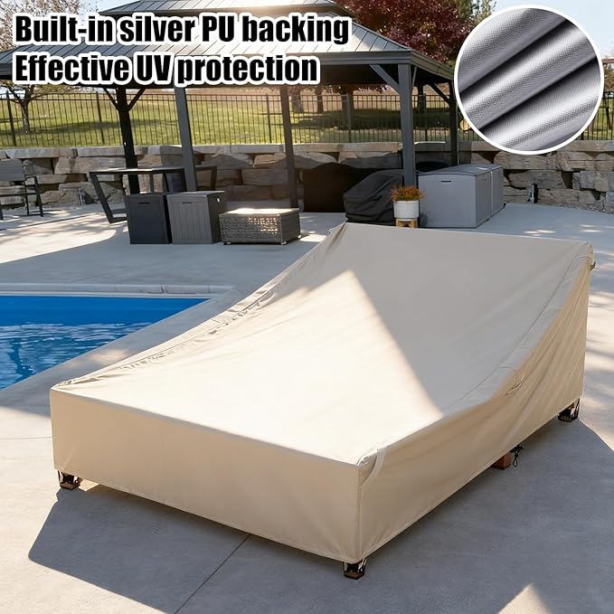 Outdoor Double Chaise Lounge Chair Cover Waterproof, 100% 600D Oxford Fabric Tear-resistant and Windproof All-season Weatherproof Protection for Patio Furniture Lounge Chair/Sunbed Daybed (Beige)