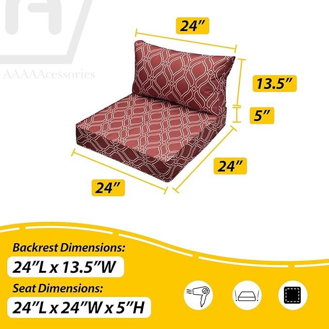 AAAAAcessories Outdoor Seat Cushions for Chairs, Fade-Resistant, Waterproof Patio Furniture Replacement Cushions, 24" x 24" x 5" + 24" x 13.5", Clay Red Vine Trellis
