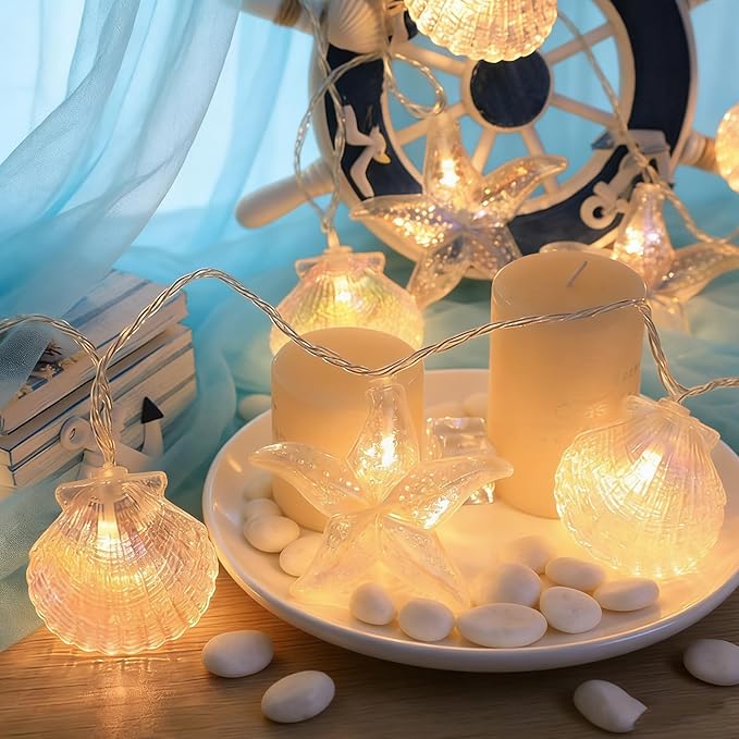 Starfish Shell String String Light 9.8FT 20 LED Lights with Battery Operated Warm White LEDs, Ocean Theme for Holiday Party, Wedding, Garden Decoration (Shell Star Seahorse, 9.8 FT)