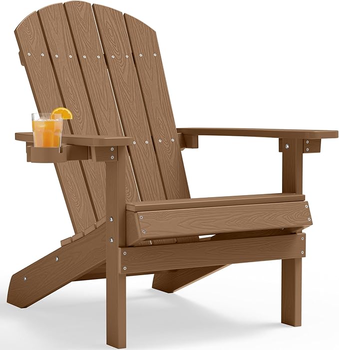 YEFU Adirondack Chair Weather Resistant: Outdoor Chair HIPS Plastic Adirondack Chairs - Patio Chairs with Cup Holder & Wood Texture - Lawn Fire Pit Deck Porch Garden Chairs for Adults (Teak)