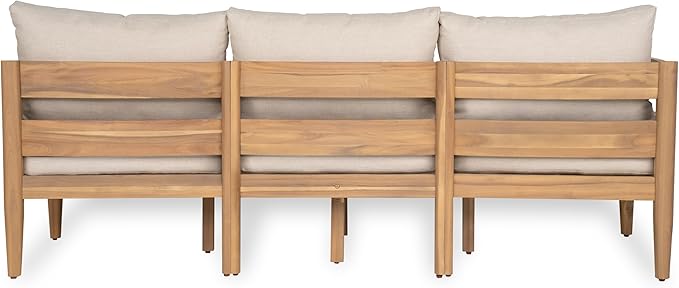 Christopher Knight Home Kavets 76.25'' W Outdoor 3 Seater Sofa with 5" Cushion, Acacia Wood Patio Sofa, Modern Slat Panel Bench, Spacious Seating Couch for Backyard Garden Porch, Light Teak+Beige
