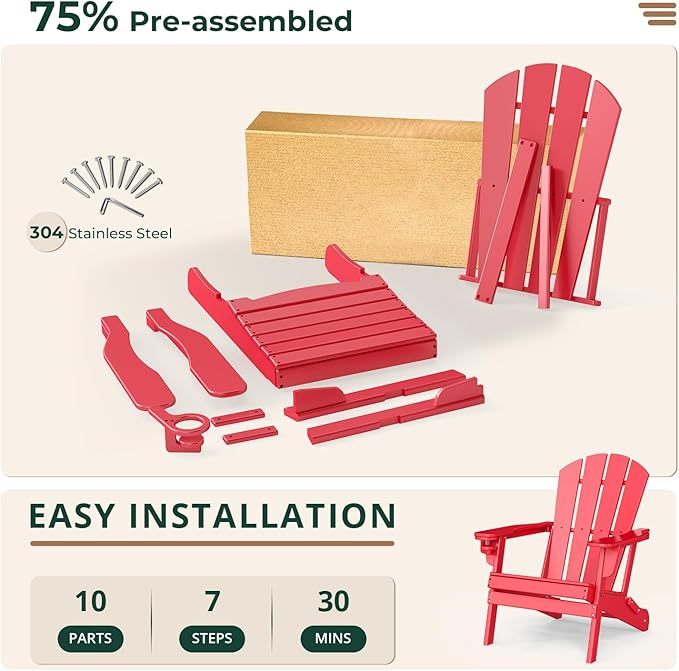 BRIOPAWS Folding-Adirondack-Chairs Set of 2 | HDPE Plastic | Fire Pit Chair | Cup Holder | Curved Back | All Weather| for Outdoor Backyard Deck Patio | Red