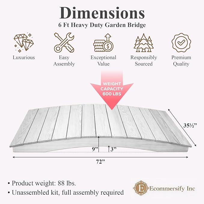 6 FT White Amish Made Pinewood Heavy Duty Garden Bridge for Walkway, Backyard Pond & Landscaping, Outdoor Wooden Footbridge for Koi Pond, Japanese Style Decorative Bridge, Made in USA