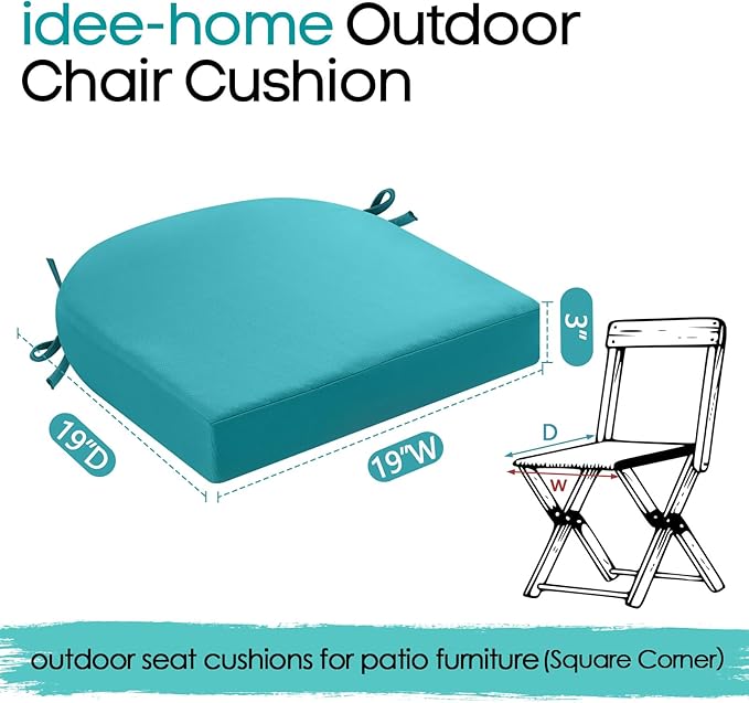 idee-home Outdoor Chair Cushions Set of 4, Thick 19" x 19" x 3" Outdoor Seat Cushions Patio Furniture Waterproof with Ties, Dining Pads