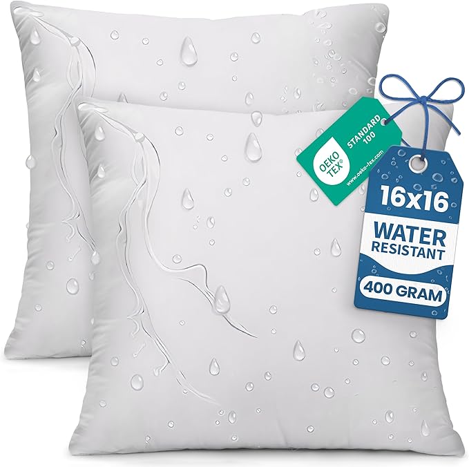 Utopia Bedding Outdoor Pillow Inserts 16 x 16 Inches (Pack of 2, White), Water Resistant Garden Throw Pillows for Patio and Porch Furniture