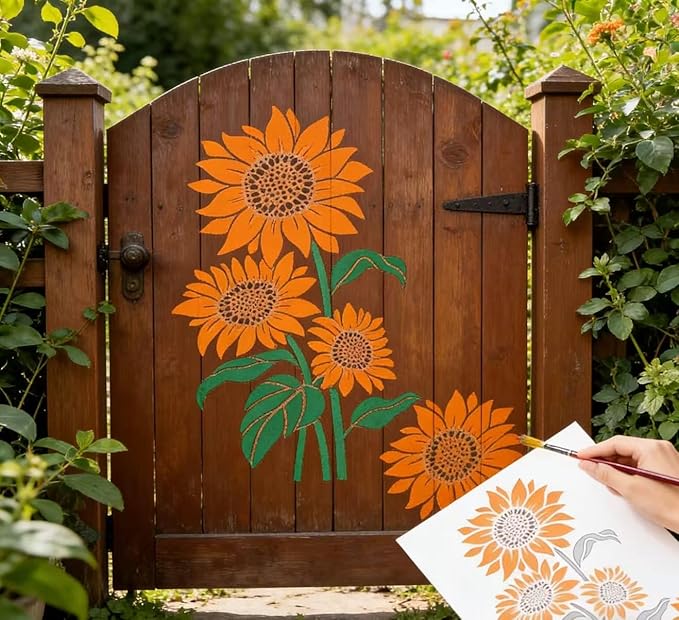 Garden Fence Large Flower Stencils - Reusable Floral Stencil DIY Decoration for Painting on Wood Walls Pattern, Jumbo Sunflower Yard Spray Paint Big Crafts Floor Stencils (A)