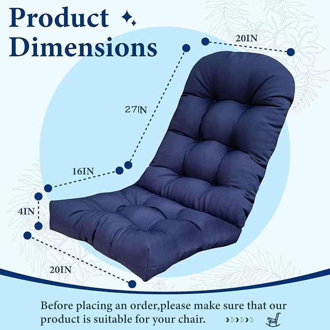 Outdoor Adirondack Chair Cushions Floral Waterproof High Back Patio Lounge Cushion with Ties Band for Indoor Outdoor Furniture 43"*20"*3.9" Navy Floral