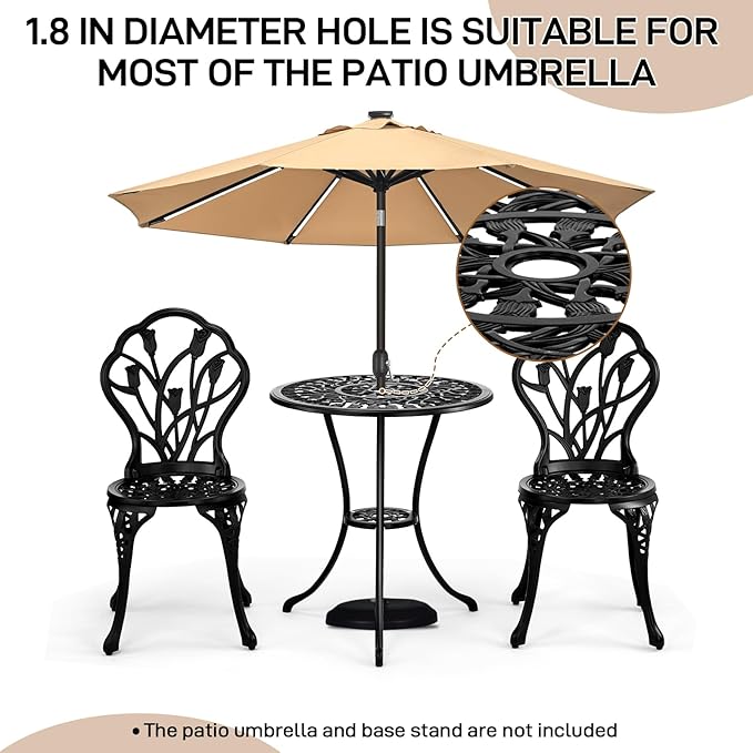 VINGLI 3 PCS Outdoor Bistro Set, Outdoor Patio Set, All-Weather Cast Aluminum Bistro Table Set, Bistro Table and Chairs Set of 2 for Backyard, Garden, Balcony (Black, Tulip)