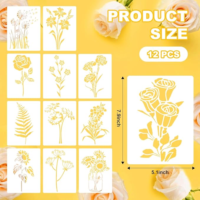 12 PCS Flower Stencils Reusable Rose Sunflower Hibiscus Templates Floral Drawing Stencils for Wood Garden Fence Furniture Fabrics DIY Home Decor 7.9 x 5.1 Inch