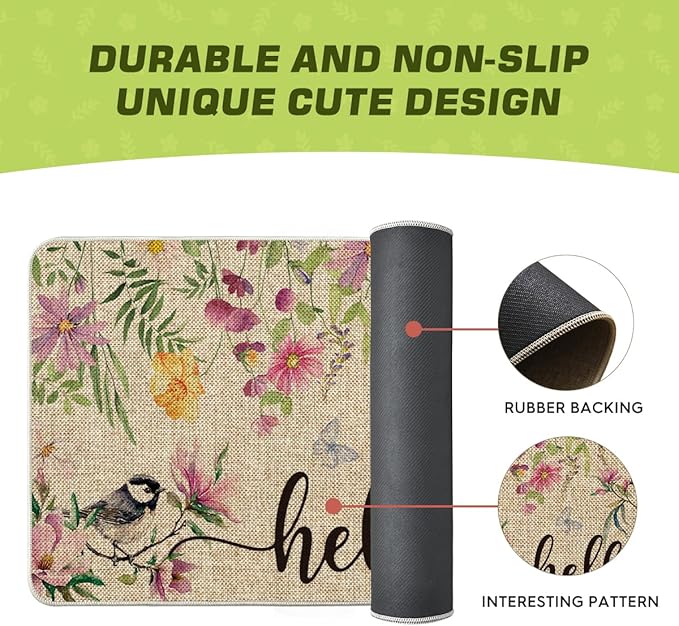 Artoid Mode Bird Flowers Hello Spring Doormat, Home Summer Decor Low-Profile Switch Rug Door Mat Floor Mat for Indoor Outdoor 17x29 Inch