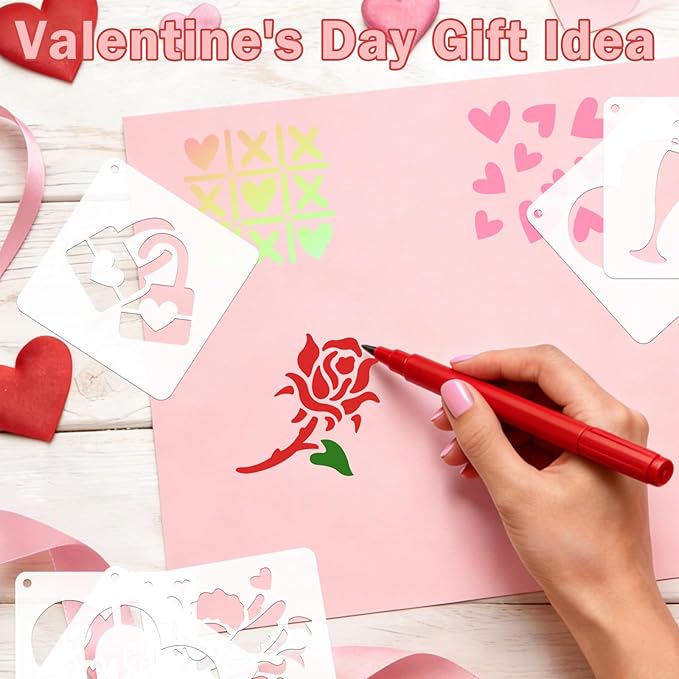 72 PCS 3x3 Inch Valentine‘s Day Stencils for Painting - Love red HeartKiss red RoseCupid's Arrow Reusable Valentine's Painting Templates on Wood, Glass, Fabric, Window Door Decor DIY Decoration