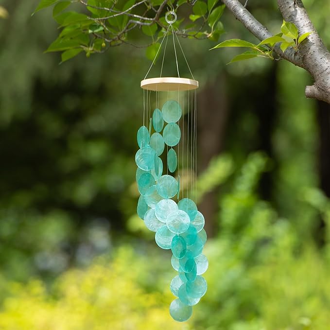 Seashell Wind Chimes for Outside - Handcrafted Turquoise Spiral Shape Capiz Shells Windchime Coastal Style Decor for Indoor/Outdoors, Garden & Beach Hanging Decor for Wind Chimes Lovers and More