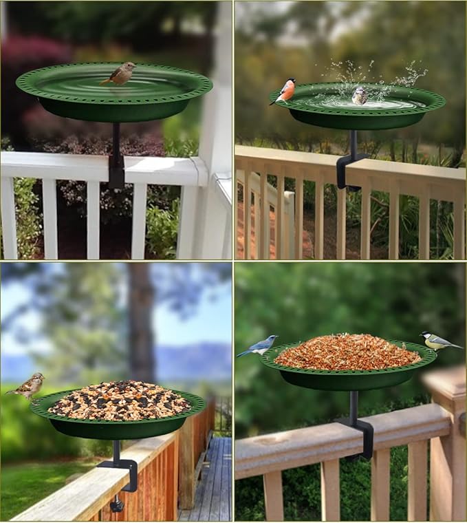 Garbuildman Deck Mounted Bird Bath Bowl Spa Birdfeeder & Adjustable Unheated Birdbath with Heavy Duty Clamp for Outdoor Garden, Oval Style, Green