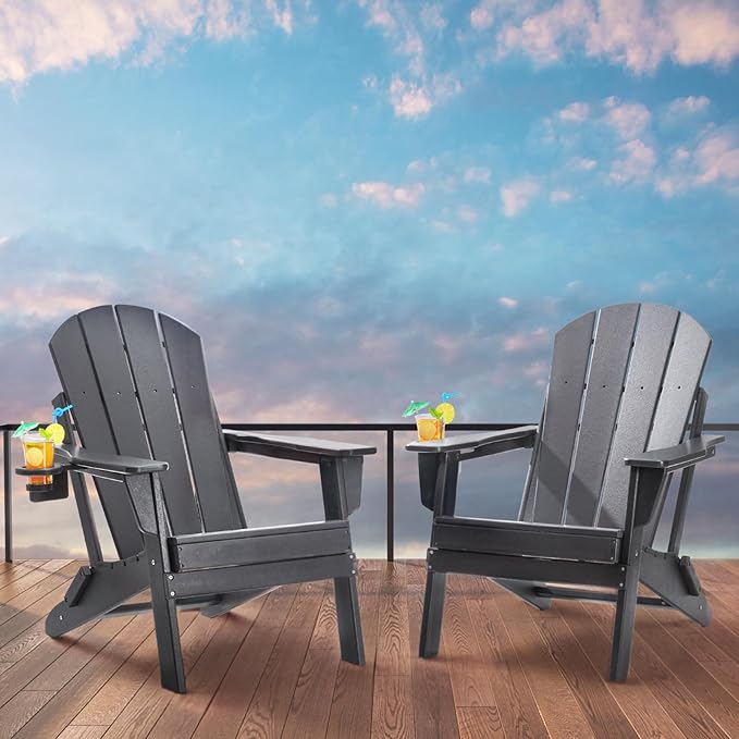 VEVOR Folding Adirondack Chairs Set of 2 with Cup Holder, All-Weather Portable Plastic Fire Pit Chair, Outdoor Adirondack Patio Chair, with Relaxing Arm Rest Ergonomic, for Garden, Backyard, Gray