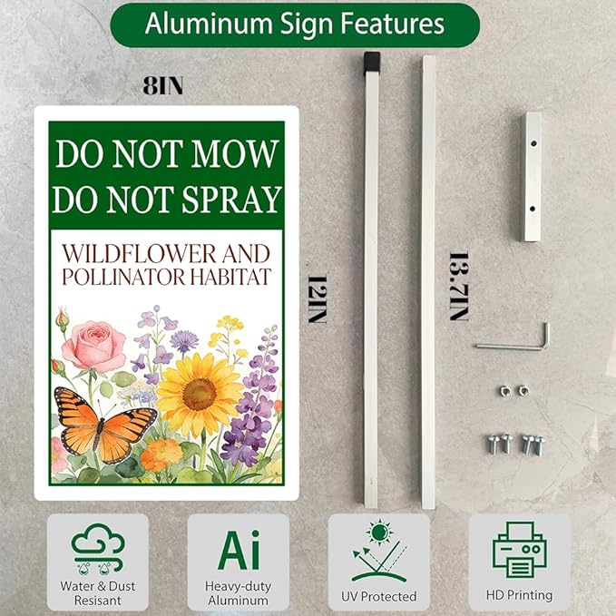 Do Not Mow Do Not Spray Wildflower and Pollinator Habitat Yard Sign With Stakes Rustproof Reflective Aluminum Pollinator Friendly Garden Sign Stand Outdoor 8x12 In
