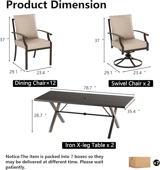 Kullavik 14 PCS Outdoor Dining Table Set for 12,Fence Pattern Back Chairs & Swivel Chairs,Iron Longboard X-Leg Table w/Parasol Hole,Patio Furniture Set for Backyard,Garden,Poolside-Sand