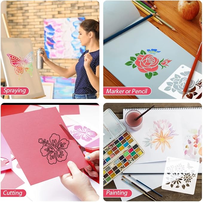 50 PCS Flower Painting Stencils Reusable Flower Stencils for Painting on Wood Rocks Canvas Fabric Glass Pottery 4x4 Inch