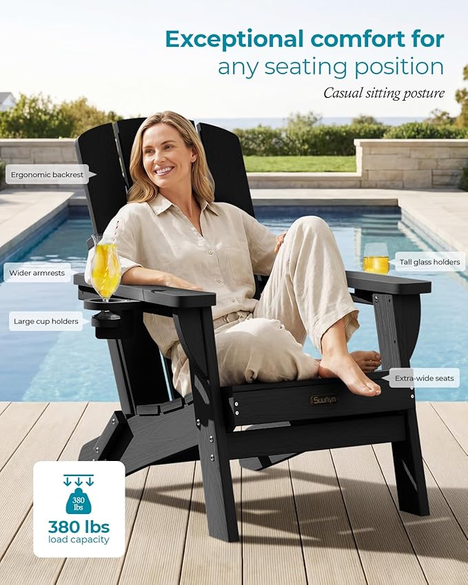 Folding Adirondack Chair 4 Pack, HDPE All-Weather Fire Pit Chairs, Plastic Adirondack Chairs with 2 Cup Holder, Outdoor Lawn Chair for Patio Garden (Black)