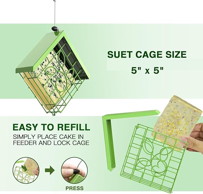 Suet Bird Feeder for Outside, Metal Suet Feeder for Outside Hanging, Single Suet Cake Capacity, Fruit and Suet Feeder Style for Outside Hanging(Green)