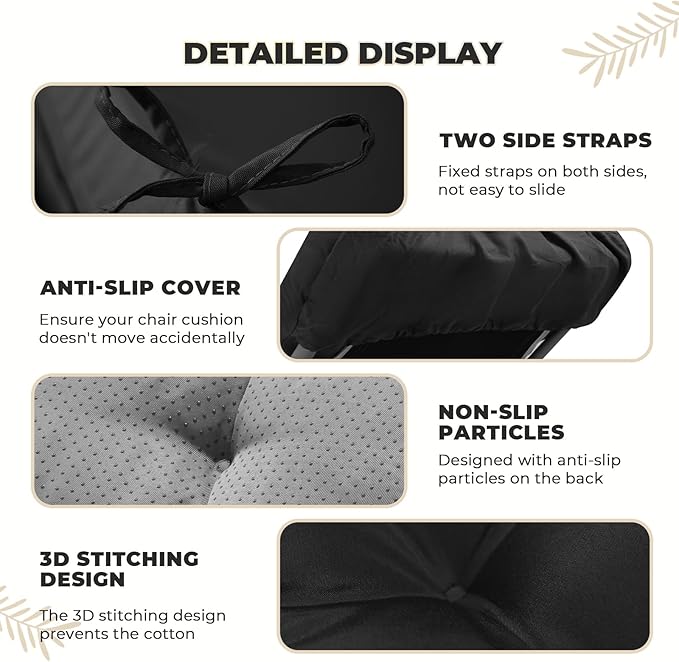 Waterproof Lounge Chair Cushion Outdoor for Chairs, Fade Resistant Chaise Lounger Replacement Cushions with 6 Ties, Thickened Memory Foam Pool Lounge Chair Cushions, 76 x 22 x 4.7 Inches, Black