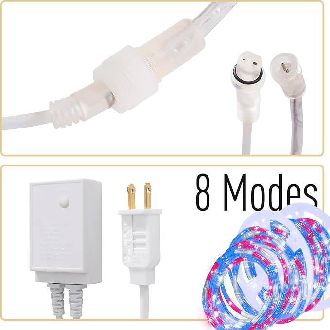 Waterproof LED Rope Lights, Connectable & Flexible with 8 Modes, Outdoor Lighting for Deck, Garden, Pool, Patio & Christmas Decor (Red/Blue/White, 100ft)