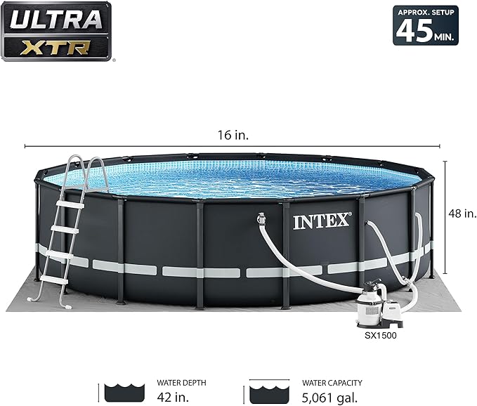 Intex 26325EH Ultra XTR 16ft x 48in Above Ground Swimming Pool Set with Sand Filter Pump and Deluxe Automatic Vacuum Cleaner
