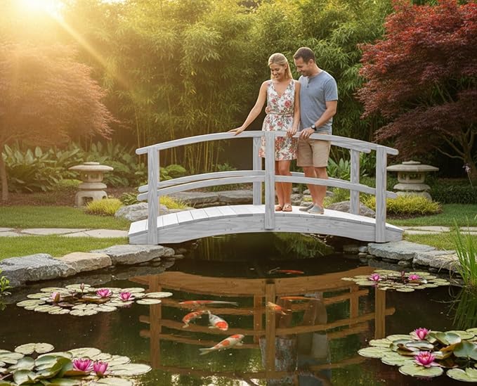 8 FT White Amish Made Garden Bridge with Double Rails for Walkway, Backyard Pond & Landscaping, Outdoor Wooden Footbridge for Koi Pond, Japanese Style Decorative Bridge, Made in USA